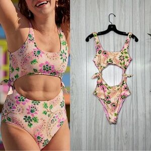 NWT Aerie Tie Cut Out One Piece Cheeky Swimsuit Lip Gloss Boho size S Small